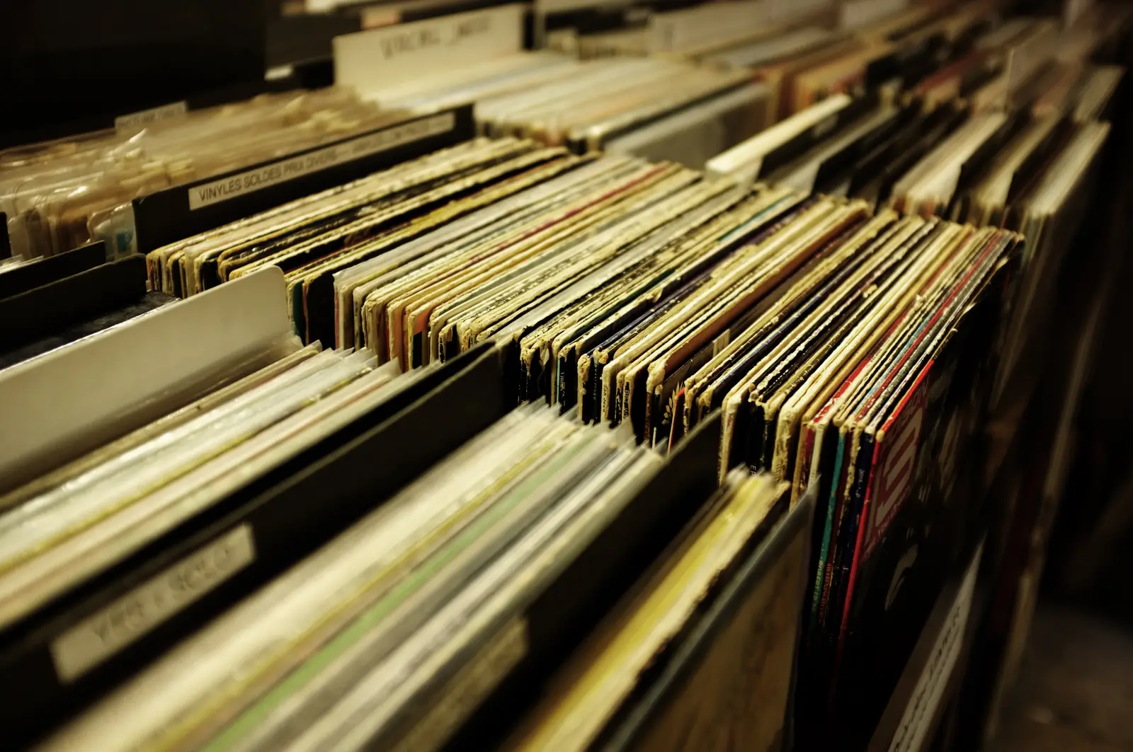 Des bacs de vinyles d'occasion chez un disquaire